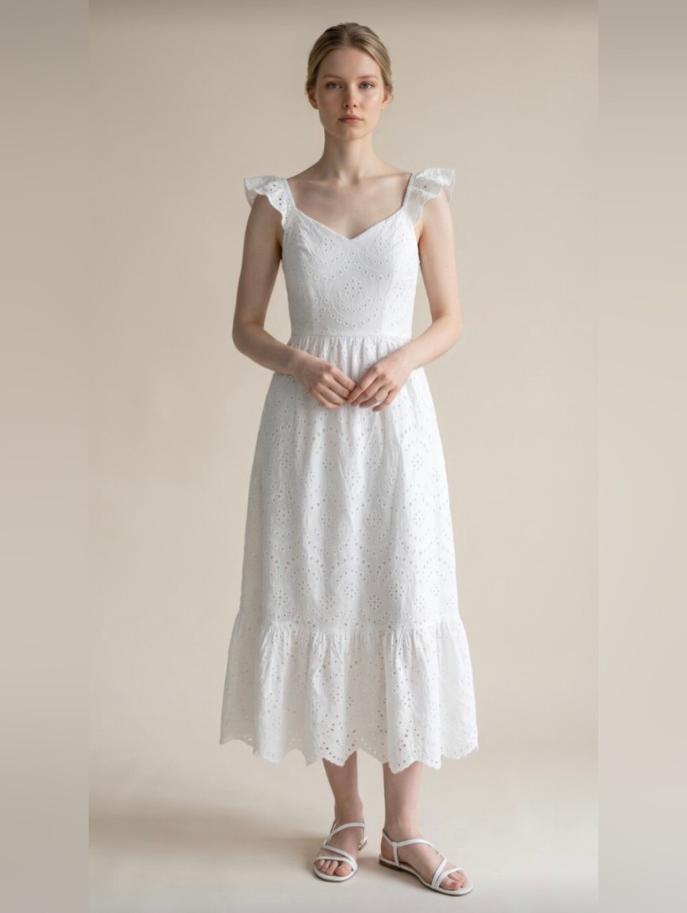 NWT! SINCERELY JULES! PURE WHITE COTTON EYELET TIERED SKIRT, RUFFLED DRESS!  S